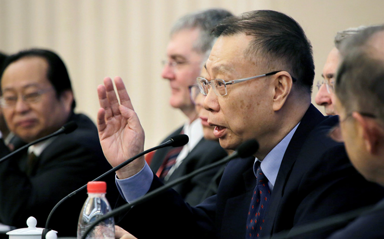 Dr. Huang Jiefu attends a news conference during the 2016 China International Organ Donation Conference at the Great Hall of the People in Beijing Oct. 17, 2016. (RNS/courtesy of Reuters/Jason Lee)