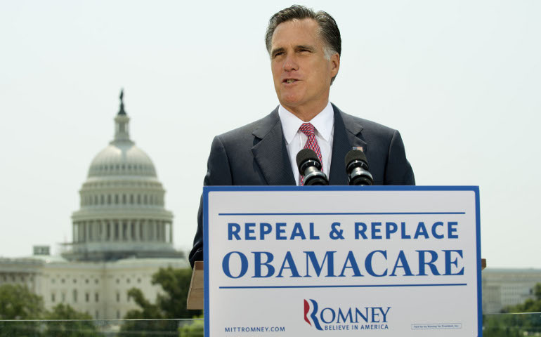 Republican presidential candidate Mitt Romney delivers remarks on the Affordable Care Act in Washington on June 28 after the Supreme Court upheld a majority of the law. (UPI/Kevin Dietsch)