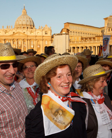 German pilgrims wait to enter St. Peter's Square for the canonization Mass for seven new saints, including German St. Anna Schaffer, Sunday at the Vatican. (CNS/Paul Haring)