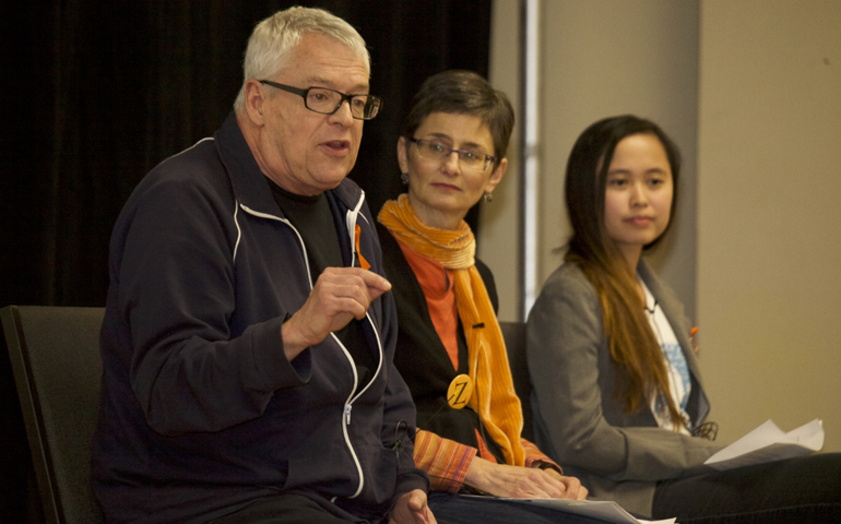 From left, Cleve Jones, Mary deRosas and Zeena Rivera speak at St. Joseph Parish in Seattle Jan. 31.