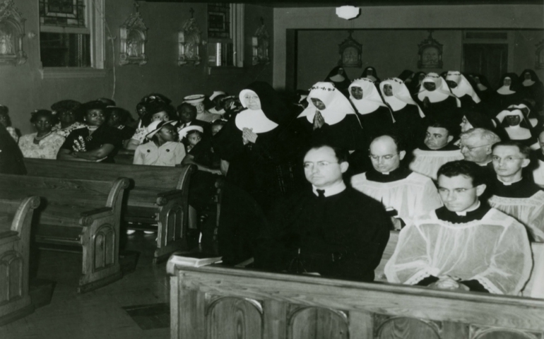 The segregated investiture ceremony of the first five black Sisters of St. Mary (now the Franciscan Sisters of Mary) in St. Louis in 1947, in which Sr. Mary Antona Ebo, who recently died, participated (Provided by Shannen Dee Williams from the archives of Catholic University of America)