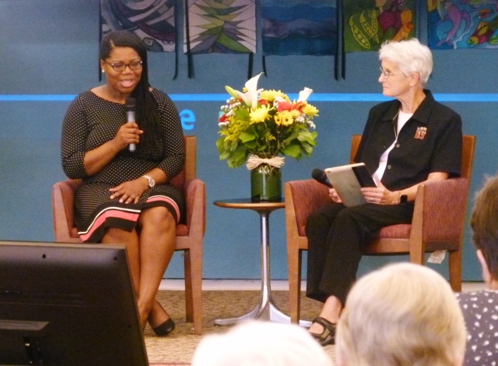 Dr. Shannen Dee Williams, left, answers questions posed by Dominican Sr. Gene Poore from the audience during an interactive webcast presentation August 5, 2017, with the Dominican Sisters of Peace. (Courtesy of Shannen Dee Williams)