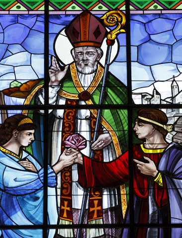St. Valentine is pictured in a stained-glass window at the Basilica of St. Valentine in Terni, Italy (CNS/Paul Haring)