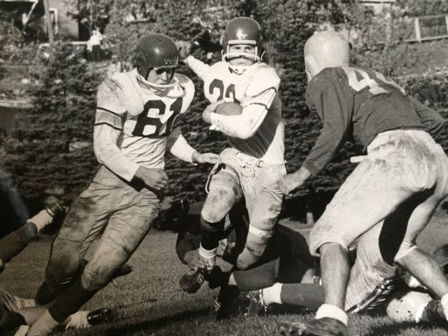 Halfback Fox about to fall head first during highschool ankle tackle. (Submitted photo)