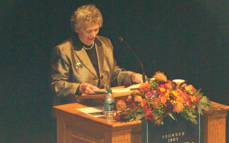 Sr. Joan Chittister speaking at the NCR conference at Dominican University Oct. 24. (NCR photo)