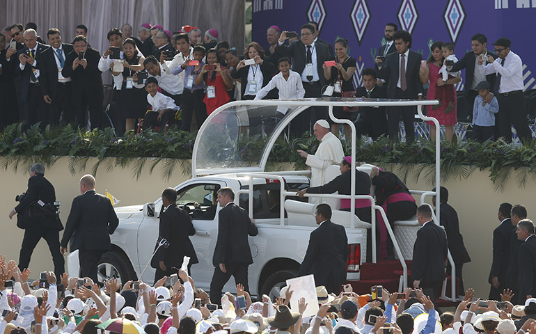 Pope Francis arrives for a meeting with families at the Victor Manuel Reyna Stadium in Tuxtla Gutierrez, Mexico, Feb. 15. (CNS/Paul Haring)