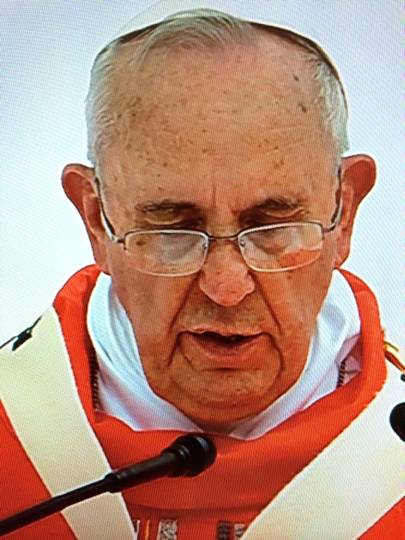 TV screen shot of Pope Francis delivering homily (Tom Fox)