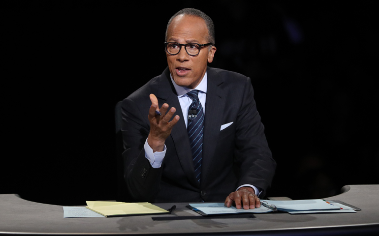 Moderator Lester Holt presides over the first 2016 presidential debate Sept. 26 at Hofstra University in Hempstead, New York. (Reuters/Joe Raedle/Pool)