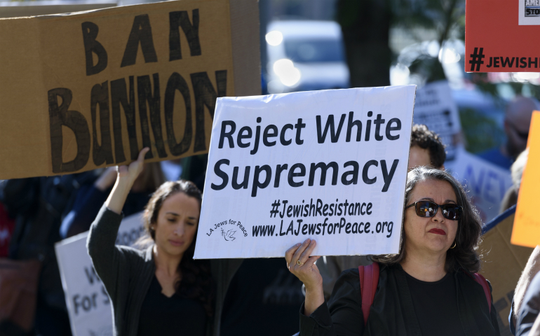 Members of the Jewish group IfNotNow and their allies protest Breitbart News and Stephen Bannon in Beverly Hills, Calif., Dec. 4, 2016. The protesters demanded that President-elect Donald Trump fire Bannon from his appointment as chief strategist for the White House. (Newscom/Sipa USA photo/Ronen Tivony)