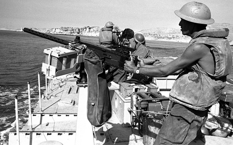 An Israeli gunboat passes through the Straits of Tiran near Sharm el-Sheikh, Egypt, on the southern tip of the Sinai Peninsula, on June 8, 1967, during the Six-Day War. (Courtesy of Creative Commons/Yaacov Agor)