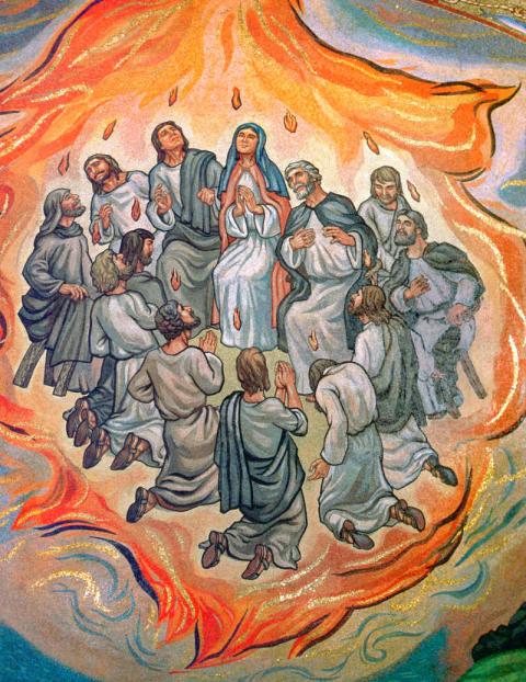 An artist's depiction of a scene from the Pentecost appears in the Cathedral Basilica of St. Louis in the city of St. Louis. (CNS photo/Crosiers)