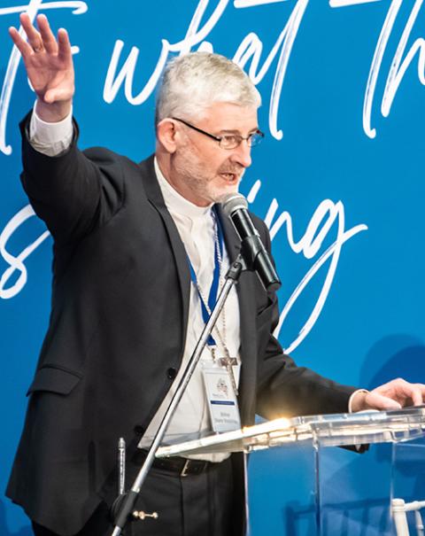 Bishop Shane Mackinlay addresses members of Australia's Plenary Council in Sydney July 4, 2022. (CNS/The Catholic Weekly/Giovanni Portelli)