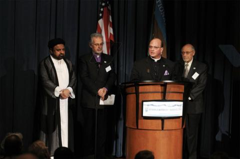 World Water Day event at National Geographic headquarters in Washington, D.C., on March 22, 2010 Interfaith clergy assembled by lectern at World Water Day.