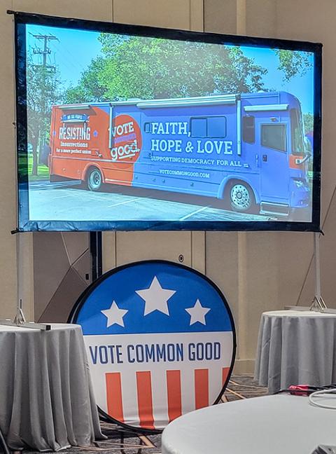 Catholics Vote Common Good and Vote Common Good members are traveling around the country in a bus to engage faith voters. (NCR photo/Heidi Schlumpf)