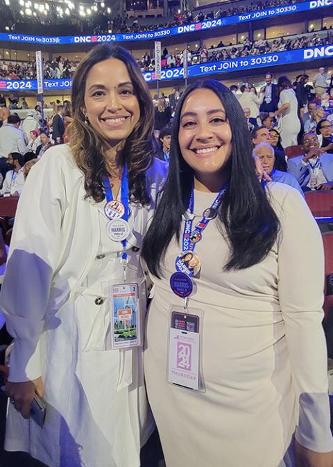 New York City Council members Carlina Rivera (left) and Amanda Farías say their Catholic faith informs the values that mesh with their Democratic politics. (NCR photo/Heidi Schlumpf)