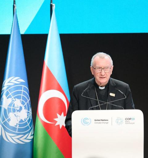 Cardinal Pietro Parolin, Vatican secretary of state, addresses the COP29 World Leaders Climate Action Summit Nov. 13 in Baku, Azerbaijan. (CNS/Courtesy of UN Climate Change)