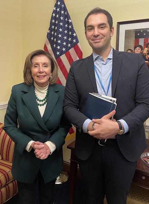 Former Speaker Nancy Pelosi and NCR staff reporter Camillo Barone (NCR photo/James V. Grimaldi)