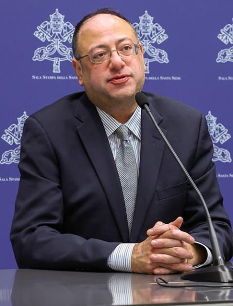 Eric LeCompte, executive director of Jubilee USA Network, speaks at a Vatican news conference to announce the campaign "Turn Debt into Hope" at the Vatican Dec. 23, 2024. (CNS/Justin McLellan)