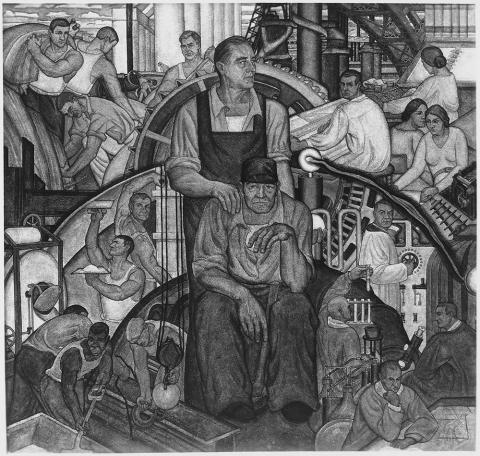 A mural painted by Conrad A. Albrizio, titled "The New Deal" and dedicated to President Franklin Delano Roosevelt, was placed in the auditorium of the Leonardo Da Vinci Art School in New York (Wikimedia Commons/National Archives and Records Administration)
