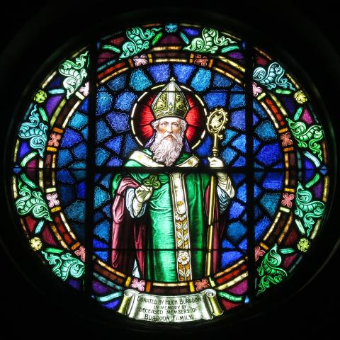 A stained glass window in St. Patrick Catholic Church in Junction City, Ohio (Nheyob/Wikimedia Commons)