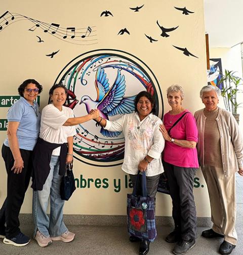 At the office of the Religious Conference of Peru, Sr. Sophia Park visits sisters collaborating against human trafficking. They all belong to different congregations. (Courtesy of Sophia Park)
