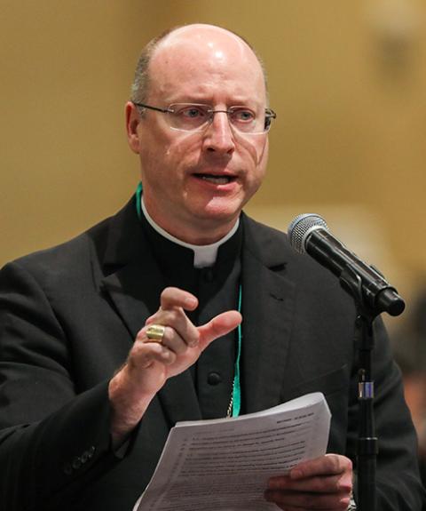 Bishop Shawn McKnight of Jefferson City, Mo., speaks from the floor June 11, 2019, on the first day of the spring general assembly of the U.S. Conference of Catholic Bishops in Baltimore. (CNS/Bob Roller)