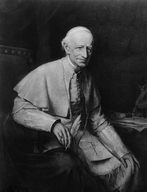 This portrait of Pope Leo XIII shows him holding a quill pen. In Rerum Novarum, he wrote, "To defraud any one of wages that are his due is a great crime which cries to the avenging anger of heaven." (CNS/Library of Congress)