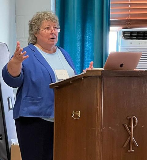 The winner of this year's Mary Emil Penet, IHM, Award, given annually by the Religious Formation Conference is Sr. Ellen Dauwer. Here, Dauwer is shown giving the keynote presentation on charism at the Religious Brothers Conference Assembly in July 2024. (Courtesy of Religious Formation Conference)