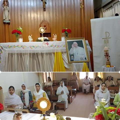Franciscan Sisters of the Heart of Jesus pay tribute to Pope Francis on April 24 at Nazareth House, Gulshan-Iqbal, Karachi, Pakistan. (Courtesy of Asif Nazir)