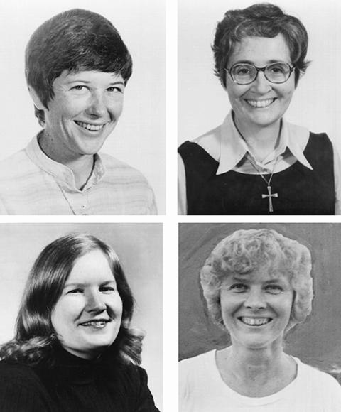 Clockwise from top: Maryknoll Srs. Ita Ford and Maureen Clarke, Ursuline Sr. Dorothy Kazel and Jean Donovan (CNS composite)