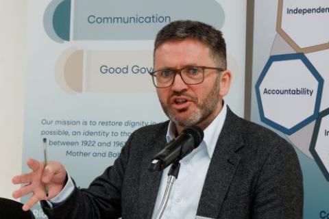 Daniel MacSweeney, director of Authorized Intervention, speaks during a press conference in Tuam, Ireland, July 7 ahead of a visit to the excavation at the site of the former Bon Secours Mother and Baby Home in Tuam.  (OSV News/Reuters/Clodagh Kilcoyne)