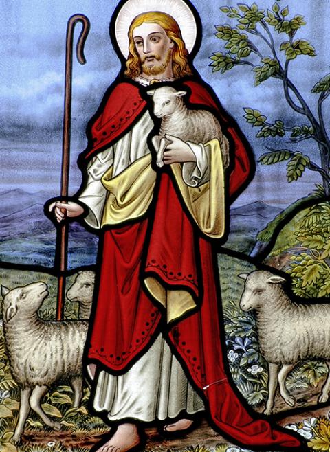 A window at St. Mary's Church in Killarney, Ireland, depicts Jesus Christ as the good shepherd. Psalm 23:1, "The Lord is my shepherd, I shall not want," is among the most popular of Scripture verses. (CNS/Crosiers)