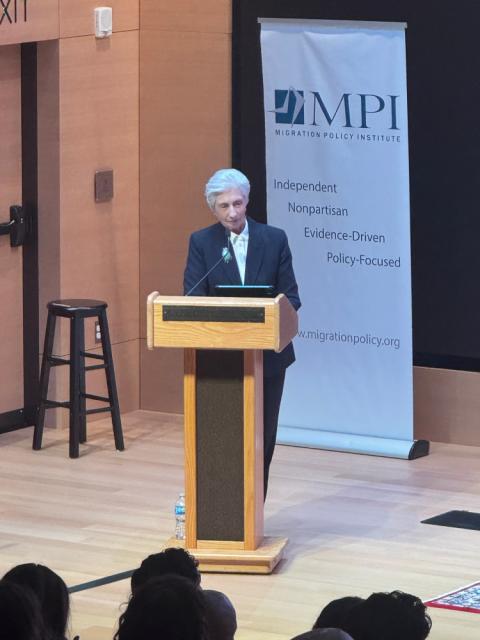 Doris Meissner, senior fellow and director of the U.S. Immigration Policy Program at the Migration Policy Institute, introduces a speaker Oct. 9, 2025 at the 22nd Annual Immigration Law and Policy Conference at Georgetown University Law Center in Washington. (GSR photo/Rhina Guidos)