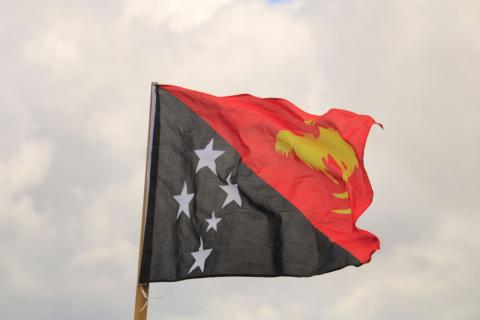 Photo of the flag of Papua New Guinea being blown by the wind.