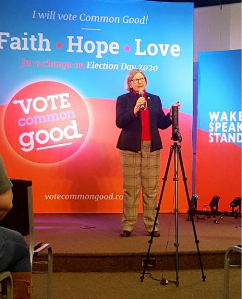 Social Service Sr. Simone Campbell was one of a few Catholic speakers at Vote Common Good’s event on “Faith, Politics and the Common Good” Jan. 9-10 in Des Moines, Iowa. (NCR photo/Heidi Schlumpf) Social Service Sr. Simone Campbell was one of a few Catholic speakers at Vote Common Good’s event on “Faith, Politics and the Common Good” Jan. 9-10 in Des Moines, Iowa. (NCR photo/Heidi Schlumpf)