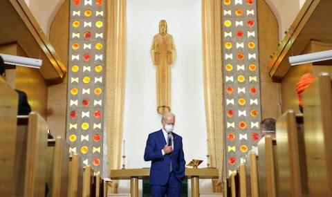 Democratic presidential candidate Joe Biden speaks to residents in Kenosha, Wisconsin, Sept. 3 during a community meeting at Grace Lutheran Church after a week of unrest in the aftermath of the shooting of Jacob Blake, a Black man, by a white police offic