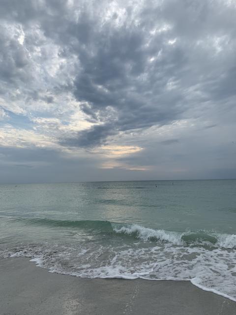 waves rolling into a beach with gathering clouds overhead