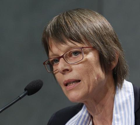 Medical Mission Sr. Birgit Weiler speaks at a news conference during the Amazon synod. (CNS photo/Paul Haring)