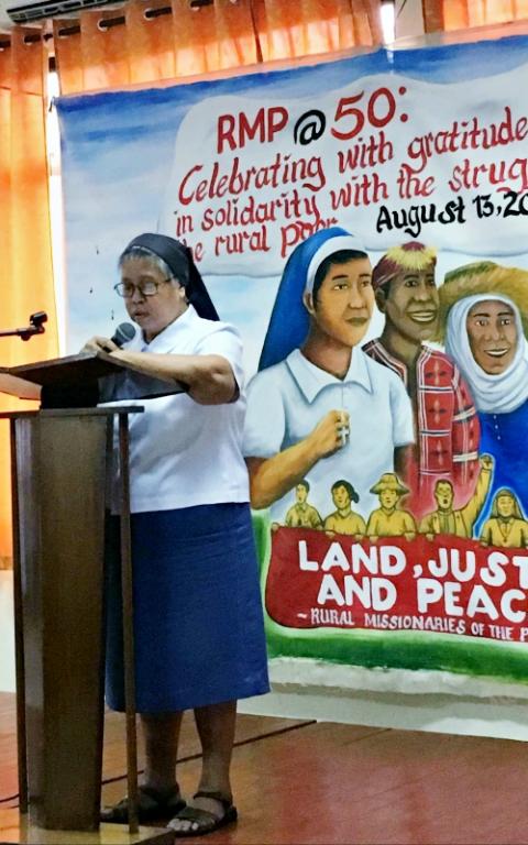 Sr. Emma Teresita Cupin of the Missionary Sisters of Mary gives her speech at the 50th founding anniversary celebration of the Rural Missionaries of the Philippines Aug. 13. (Provided photo)