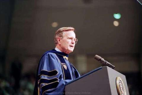 George H.W. Bush speaks at the University of Notre Dame commencement May 17, 1992. (Courtesy of University of Notre Dame) George H.W. Bush speaks at the University of Notre Dame commencement May 17, 1992. (Courtesy of University of Notre Dame)