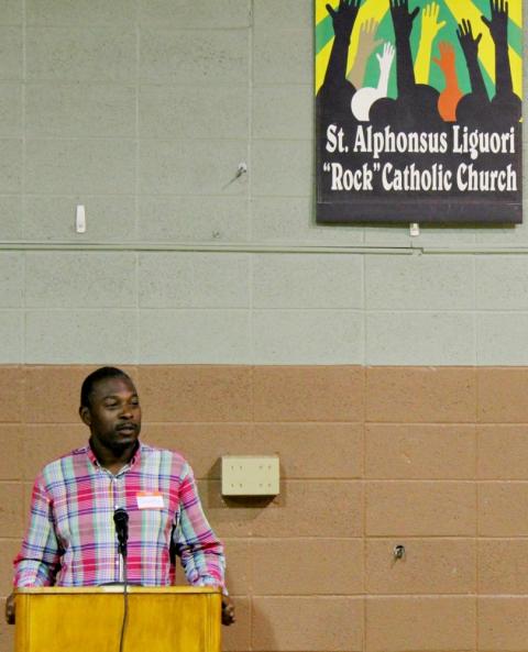 Community activist Justin Idleburg speaks during a racial justice event at St. Alphonsus Liguori Catholic Church in St. Louis Aug. 1. (NCR photo/Brian Roewe) Community activist Justin Idleburg speaks during a racial justice event at St. Alphonsus Liguori Catholic Church in St. Louis Aug. 1. (NCR photo/Brian Roewe)