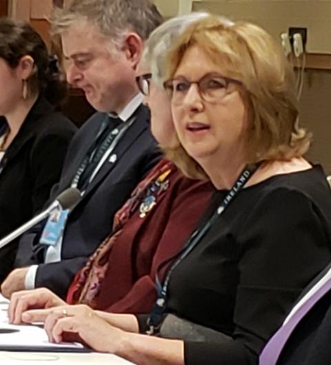 Mary McAleese, former president of Ireland, speaks at a Feb. 11 panel discussion on family homelessness at the United Nations sponsored by UNANIMA International. (GSR photo / Chris Herlinger)