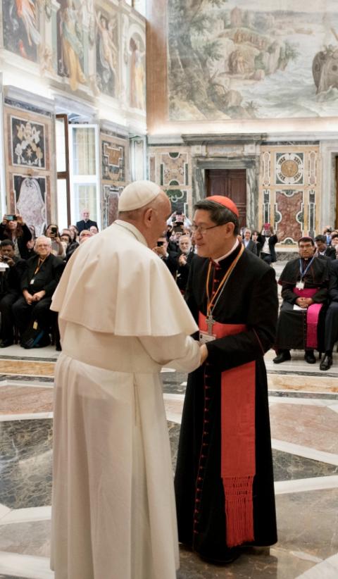 Philippine Cardinal Luis Antonio Tagle greets Pope Francis April 26, 2019, at the Vatican. In December, Francis named Tagle prefect of the Congregation for the Evangelization of Peoples. (CNS/Vatican Media) Philippine Cardinal Luis Antonio Tagle greets Pope Francis April 26, 2019, at the Vatican. In December, Francis named Tagle prefect of the Congregation for the Evangelization of Peoples. (CNS/Vatican Media)