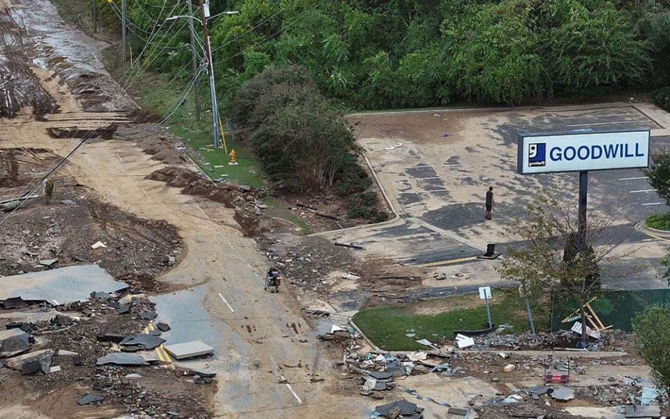 A drone view Sept. 29 shows a damaged area in Asheville, North Carolina, following the passing of Tropical Storm Helene. The storm made landfall at 11:10 p.m. (Eastern time) Sept. 27 in Florida's Big Bend as a Category 4 hurricane and was downgraded to a tropical storm the next morning. (OSV News/Reuters/Marco Bello)