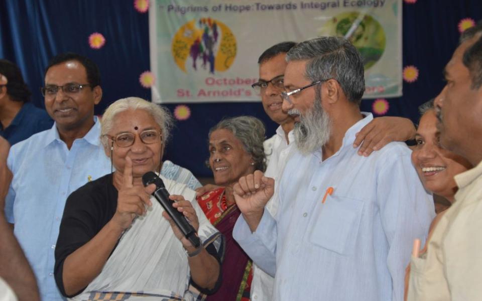 Indian Missionary Society Fr. Anand Mathew (center with beard) stands with his newly elected national team of the Forum of Religious for Justice and Peace. The forum's 18th national assembly, held Oct. 18-20 at the central Indian city of Indore, addressed the theme "Pilgrims of Hope: Towards Integral Ecology." (Courtesy of Dorothy Fernandes)