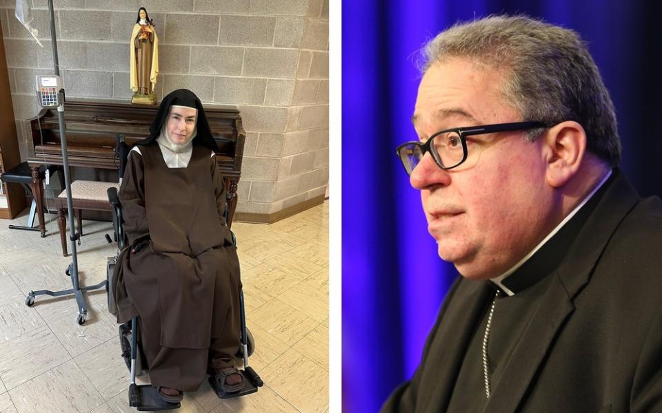 The former prioress habited sits in wheelchair, and the bishop is pictured in profile wearing plain black clerics.