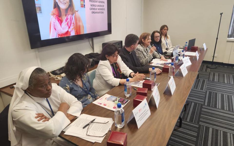 Sr. Ngozi Frances Uti, far left, participates in a Commission on the Status of Women event at the Church Center for the United Nations in March. A member of the Congregation of the Handmaids of the Holy Child Jesus, Uti heads the Centre for Women Studies and Intervention in Abuja, Nigeria, and has been a frequent attendee of U.N. events. (GSR photo/Chris Herlinger)