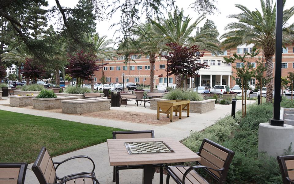 The garden area in front of Villa St. Joseph in Orange, California, is seen at the senior housing complex's grand opening on June 3, 2025. The building had been the motherhouse of the Sisters of St. Joseph of Orange. (Courtesy of the Sisters of St. Joseph of Orange/Sandy Huffaker)