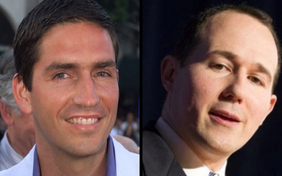 Jim Caviezel, left, appears in a 2003 file photo for the film "The Passion of the Christ." Raymond Arroyo, EWTN anchor and frequent Fox News contributor, appears in a 2013 file photo taken at the National Religious Freedom Conference in Washington. 