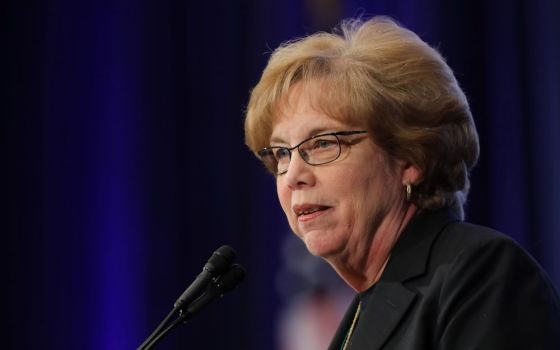 Adrian Dominican Sr. Donna Markham, president and CEO of Catholic Charities USA, speaks Nov. 13, 2019, during the fall general assembly of the U.S. Conference of Catholic Bishops in Baltimore. (CNS/Bob Roller)